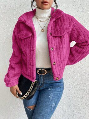 Rose Red Casual Women's Front Button Ribbed Fleece Jacket